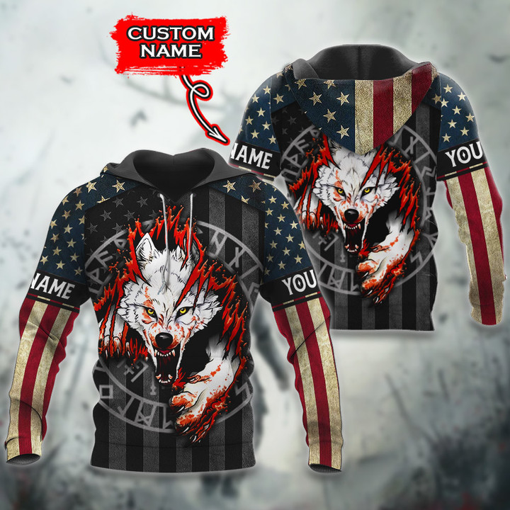 Us Flag Fenrir Viking Wolf And The Vegvisir Symbol Customized All Over Print Hoodie