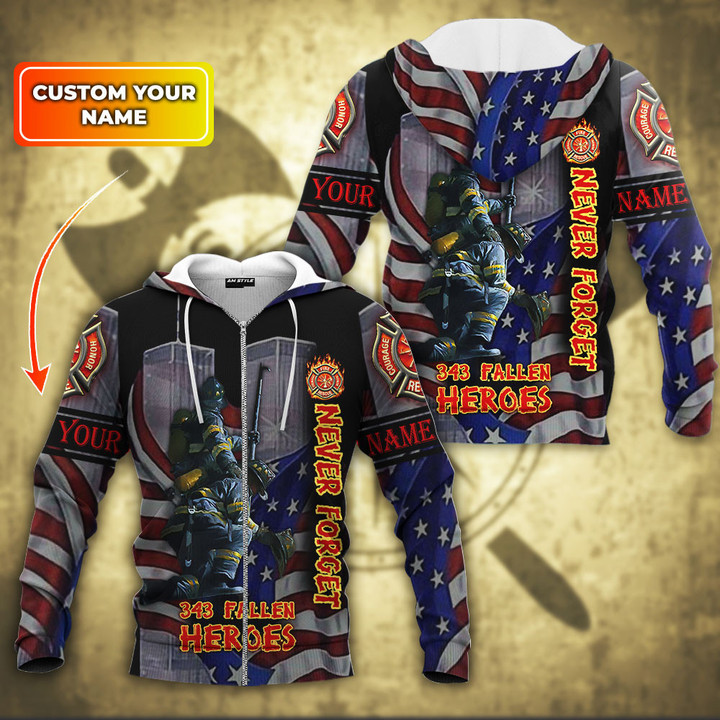 Patriot Day 343 Fallen Heroes Never Forget Firefighter 9.11 Customized All Over Print Zip Hoodie