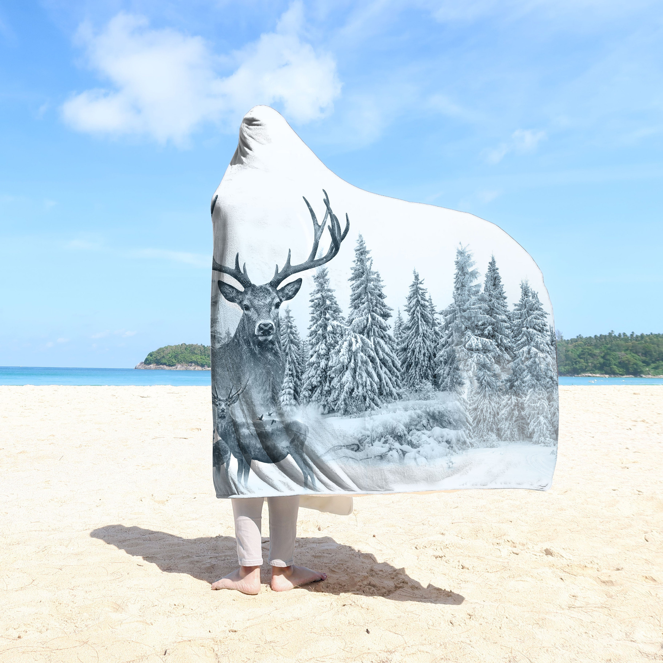 White Deer Hunting Hooded Blanket