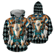 Native American Native Buffalo 3D All Over Printed Golden Horned Buffalo Skull With Wolf Hoodie