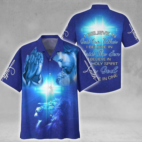 Amazing Jesus I Believe In God Blue Cross Lion Hawaiian Shirt Hoodifize