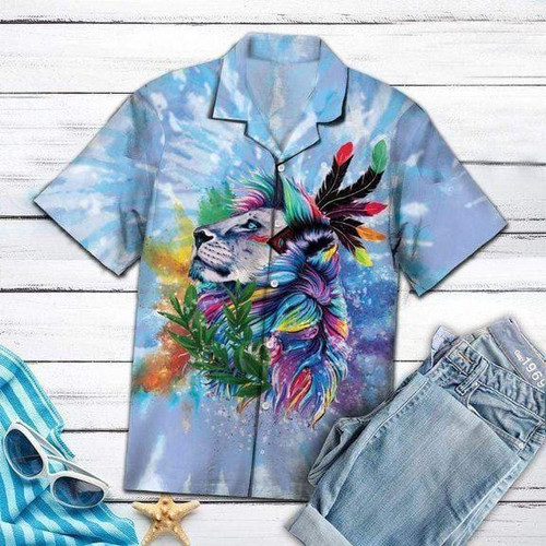 Tie-Dye Native American Lion Colorful Feather Hawaiian Shirt Hoodifize