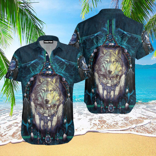 Native American Blue Wolf Head Hawaiian Shirt Hoodifize