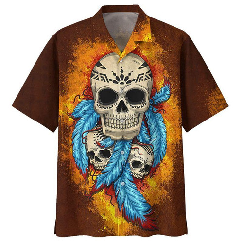 Native Skull Blue Feather Brown Hawaiian Shirt Hoodifize