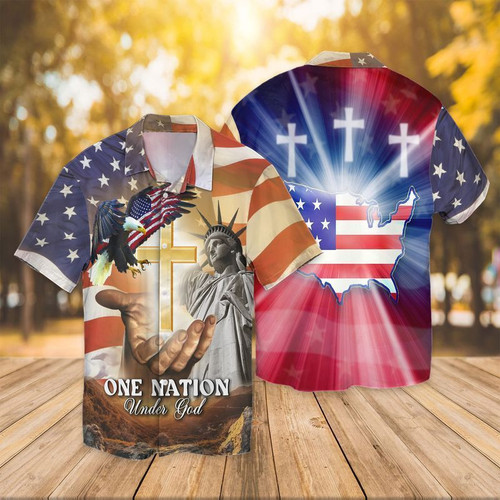 4th Of July Independence Day American Flag Jesus One Mation Under God Eagle Hawaiian Shirt Hoodifize