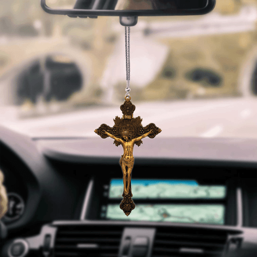 Gold jesus nailed on the cross jesus all over printed car hanging ornament