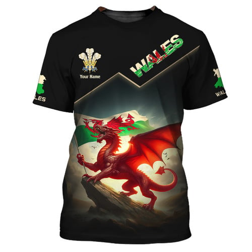 Red Dragon With Wales Flag Personalized Name 3D Shirt Gift For Wales Lovers