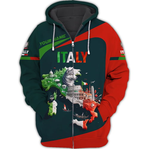 Love Italy Personalized Name 3D Zipper Hoodie Custom Gift For Italy Lovers
