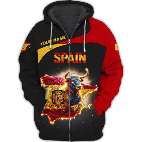 Spain Bull Custom Name 3D Full Print Zipper Hoodie Gift For Spain Lovers
