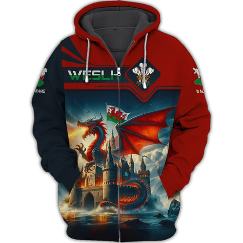 Love Wales 3D Full Print Zipper Hoodie Dragon Wales Zipper Hoodie Gift For Wales Lovers