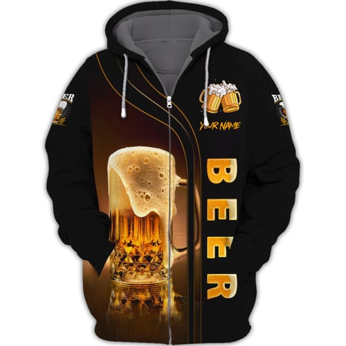 Love Beer 3D Custom Name Zipper Hoodie Personalized Gift For Beer Lovers