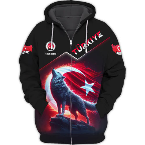 Wolf Turkiye Personalized Name 3D Zipper Hoodie Custom Gift For Turkiye Lovers