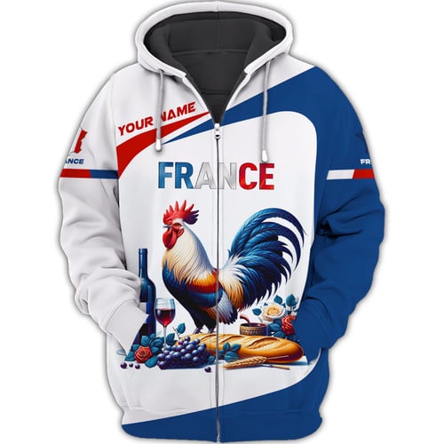 Rooster France Personalized Name 3D Zipper Hoodie Custom Name Gift For France Lovers