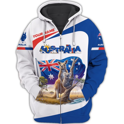 Australia Personalized Name Zipper Hoodie Koala Kangaroo Zipper Hoodie Gift For Australia Lovers