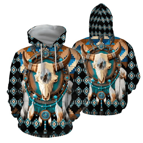 Native American Native Buffalo 3D All Over Printed Golden Horned Buffalo Skull With Wolf Hoodie
