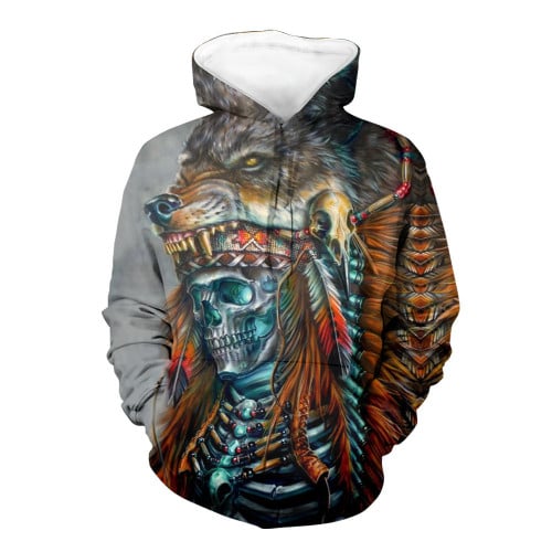 Native American Skull Chief With Wolf Headdress 3D Hoodie