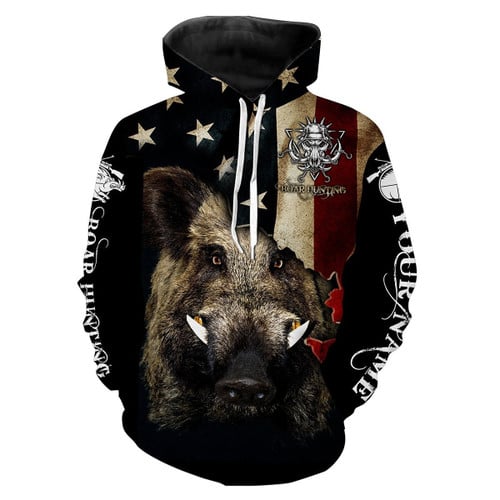 Boar Hunting Camo American Flag Patriotic Customize Name 3D All Over Printed Hoodie Personalized Gifts For Boar Hunter