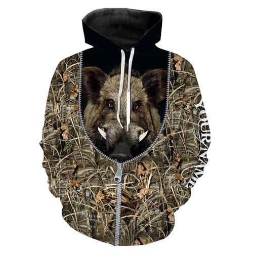 Hunting Wild Boar Hunting Zipper Camouflage Black Hoodie Customized Name All Over Print Hoodie, Hunting Hoodie Ideas For Hog Hunters