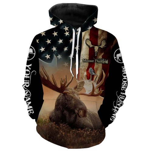 Moose Hunting Clothes American Flag Custom Name All Over Print Hoodie