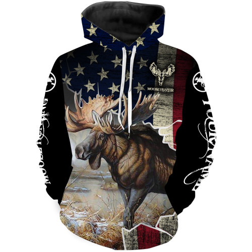 Moose Hunting American Flag Custom Name 3D All Over Printing Hoodie, Hoodie, Zip Up Hoodie For Men Women And Kid