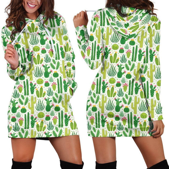All Over Printing Green Cacti And Flower Hoodie Dress - Amaze Style™-Apparel