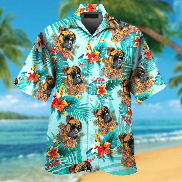 Boxer Dog Wearing Sunglass Funny Colorful Hawaiian Shirt