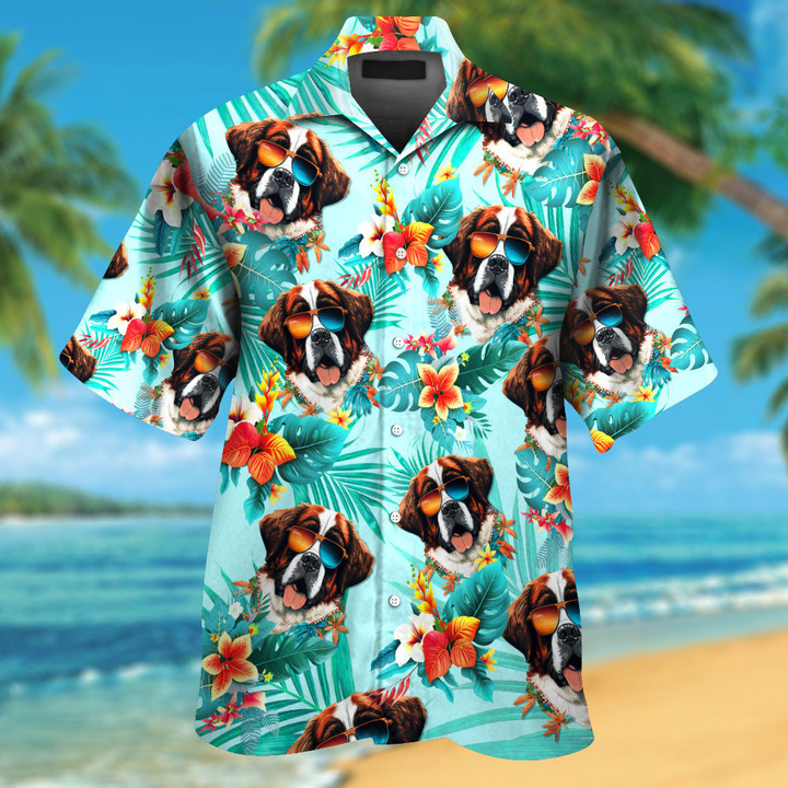 Saint Bernard Dog Wearing Sunglass Funny Colorful Hawaiian Shirt