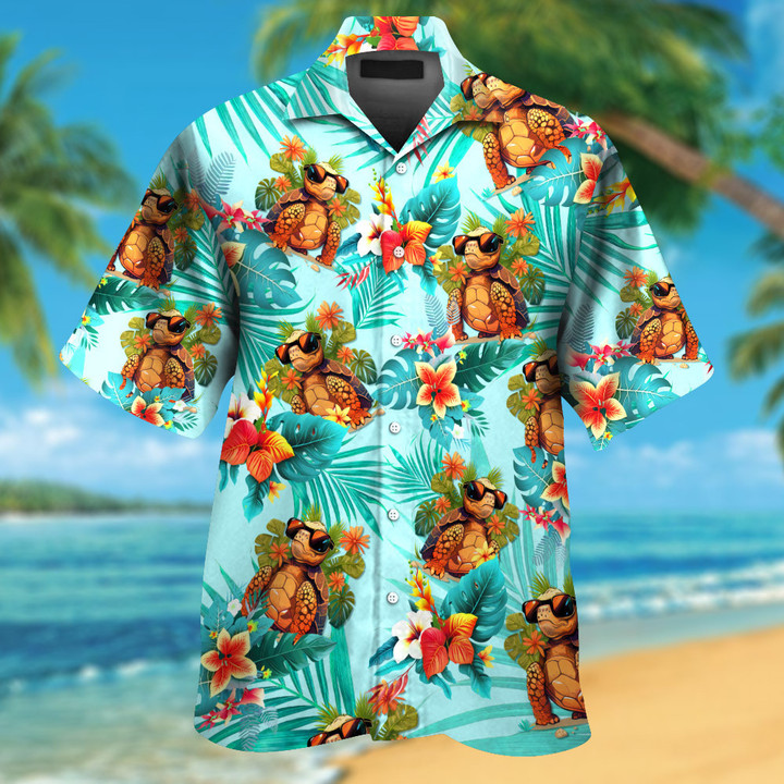 Funny Russian Tortoise With Tropical Flowers Colorful Hawaiian Shirt