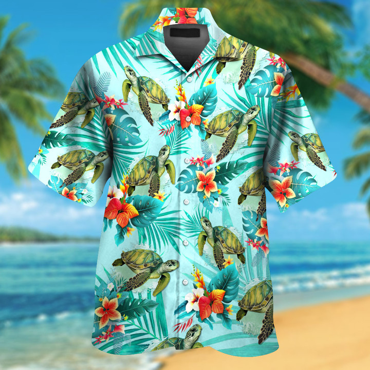 Green Sea Turtle With Tropical Flowers Colorful Hawaiian Shirt