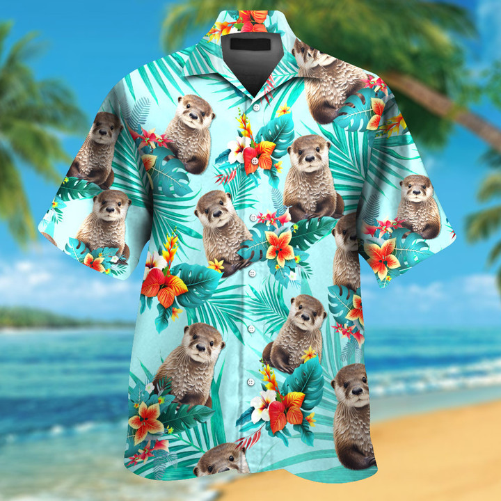 Funny Otter With Tropical Flowers Colorful Hawaiian Shirt