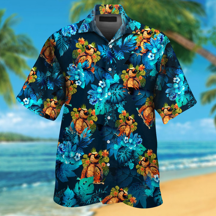 Russian Tortoise With Tropical Blue Flowers Hawaiian Shirt