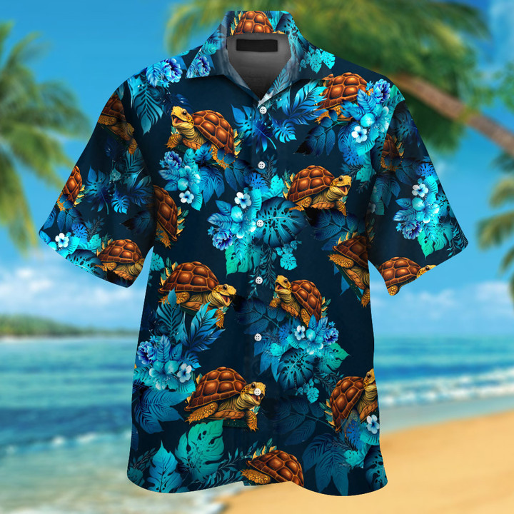 Eastern Box Turtle With Tropical Blue Flowers Hawaiian Shirt