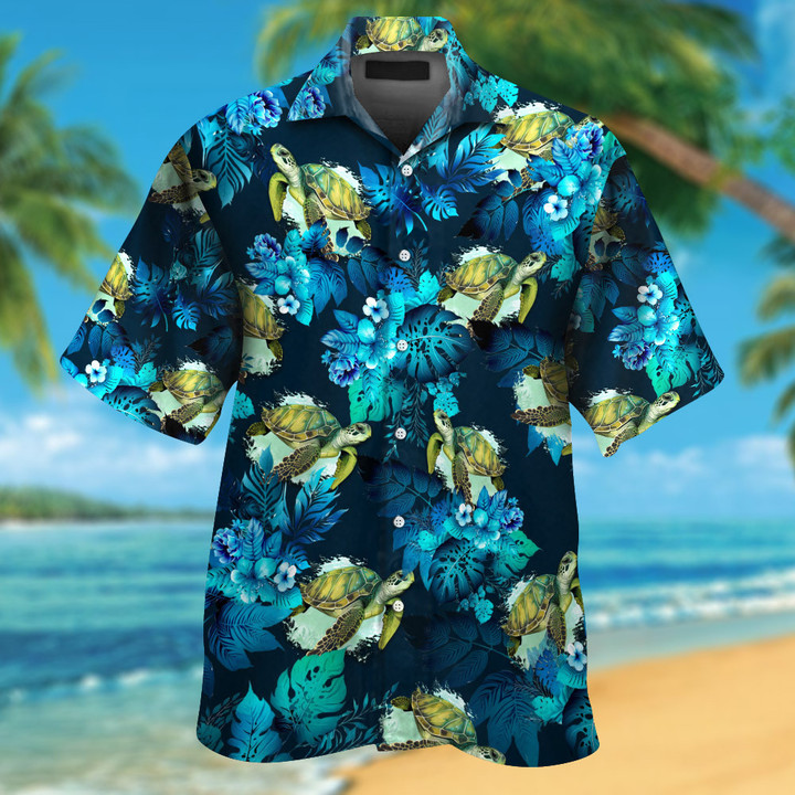Green Sea Turtle With Tropical Blue Flowers Hawaiian Shirt