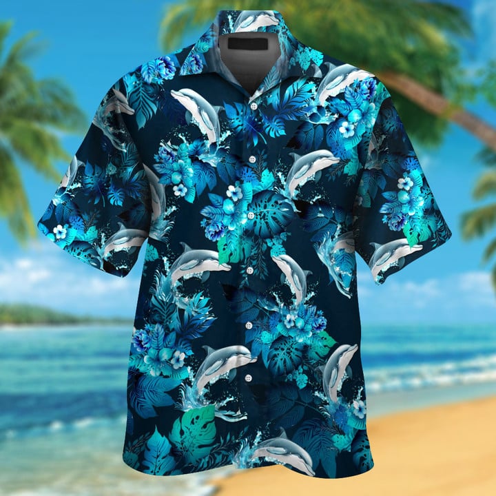 Funny Dolphin With Tropical Blue Flowers Hawaiian Shirt