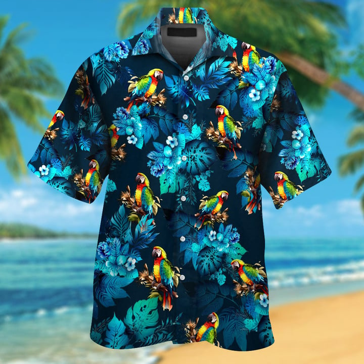 Parrot With Tropical Blue Flowers Hawaiian Shirt