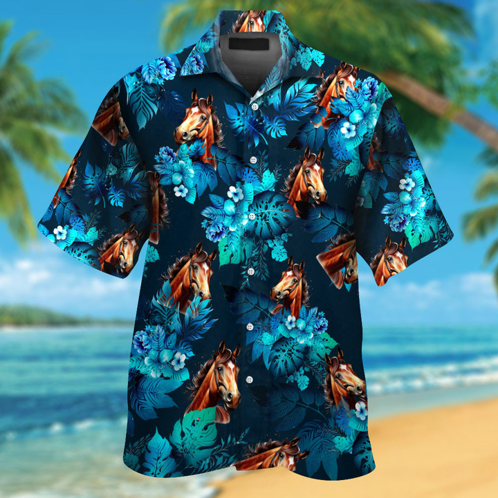 Horse Portrait With Tropical Blue Flowers Hawaiian Shirt