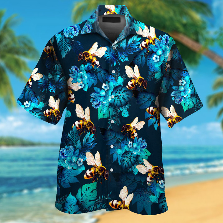 Bee With Tropical Blue Flowers Hawaiian Shirt