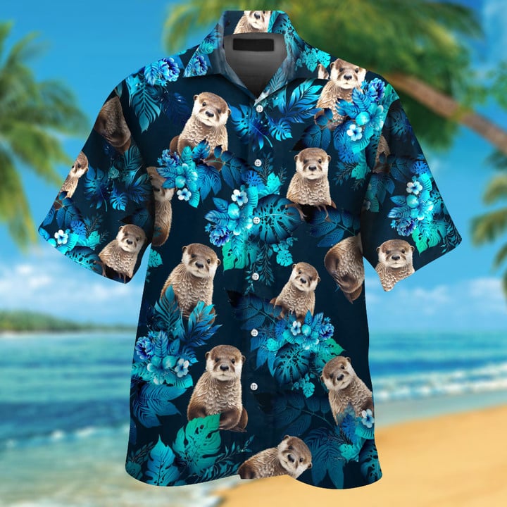 Funny Otter With Tropical Blue Flowers Hawaiian Shirt