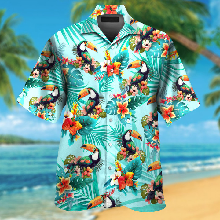 Toucan with Tropical Colorful Flowers Polynesia Hawaiian Shirt