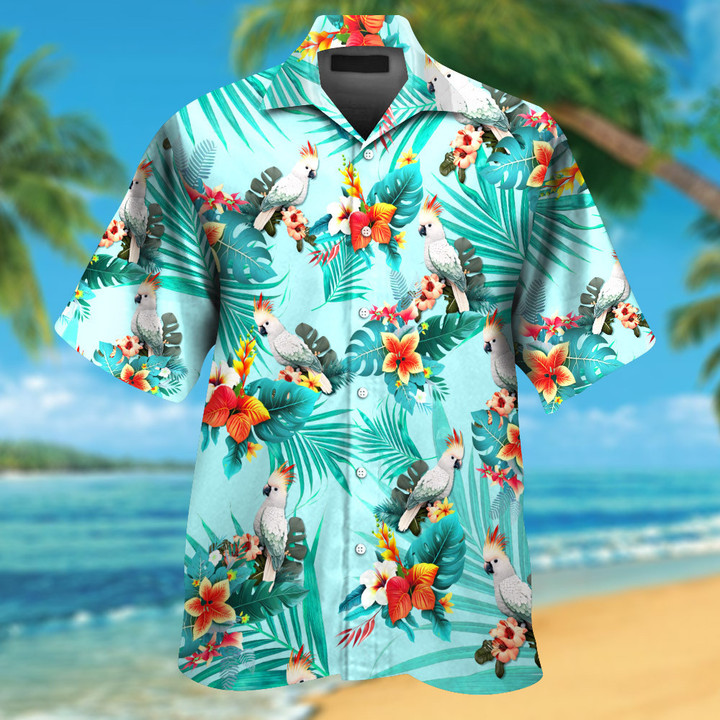 Stylish Cockatoo with Tropical Colorful Flowers Polynesia Hawaiian Shirt