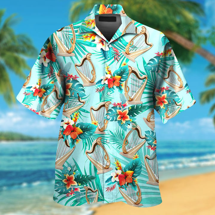 Harp Tropical Flowers Colorful Hawaiian Shirt For Music Lover