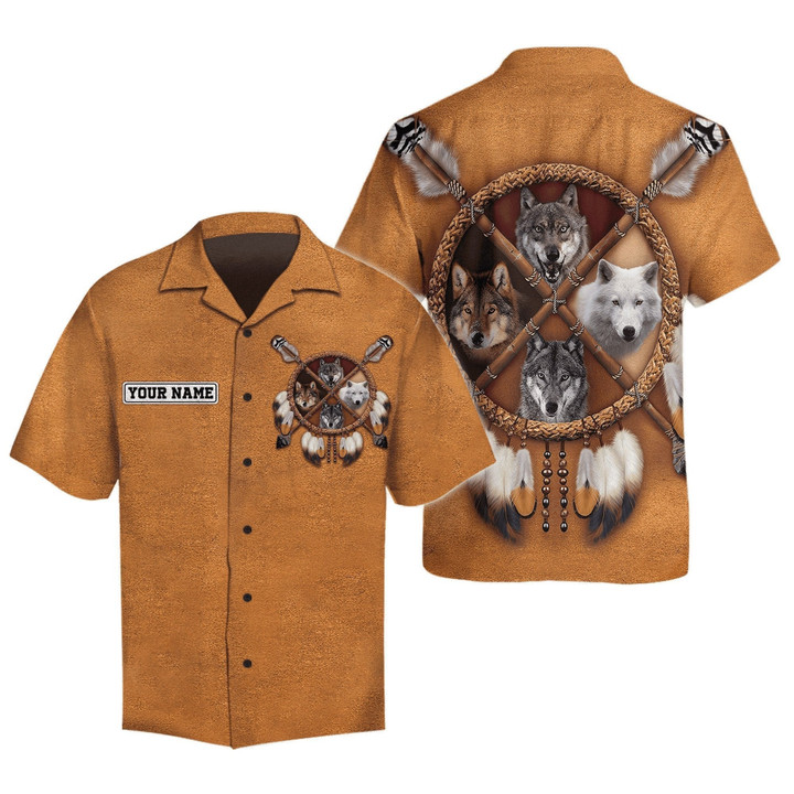 Dark Yellow Four Wolfs In Dream Catcher Native American Customize All Over Printed Hawaiian Shirt