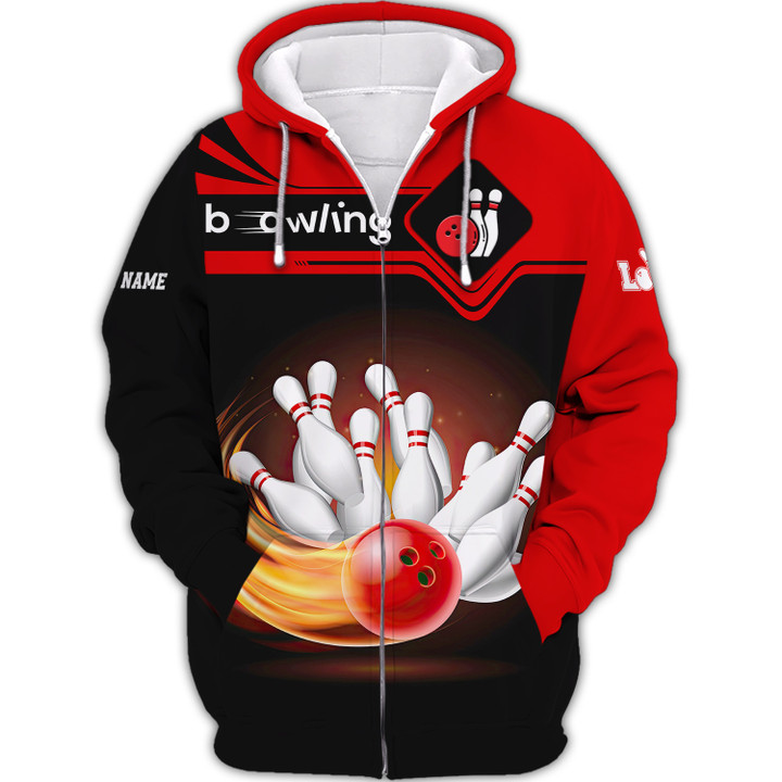 Love Bowling 3D Personalized Name Zipper Hoodie Gift For Bowling Lovers