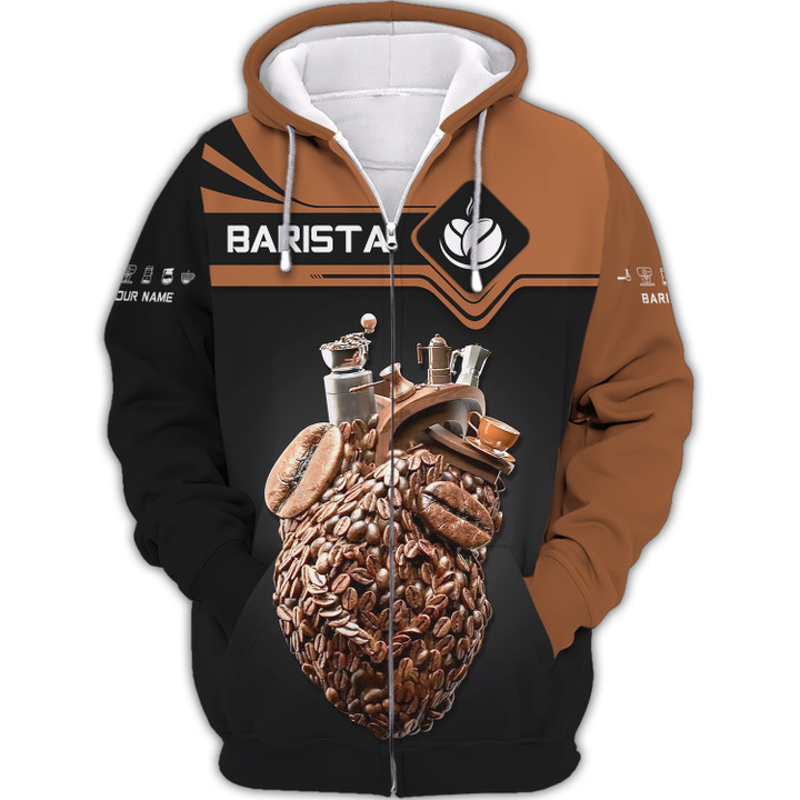 Barista Custom Name 3D Zipper Hoodie Coffee Beans Personalized Gift For Barista