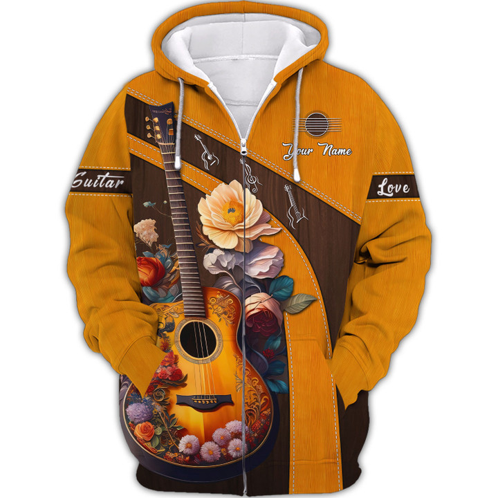 Beautiful Flower & Guitar Personalized Name 3D Zipper Hoodie Custom Guitar Shirts