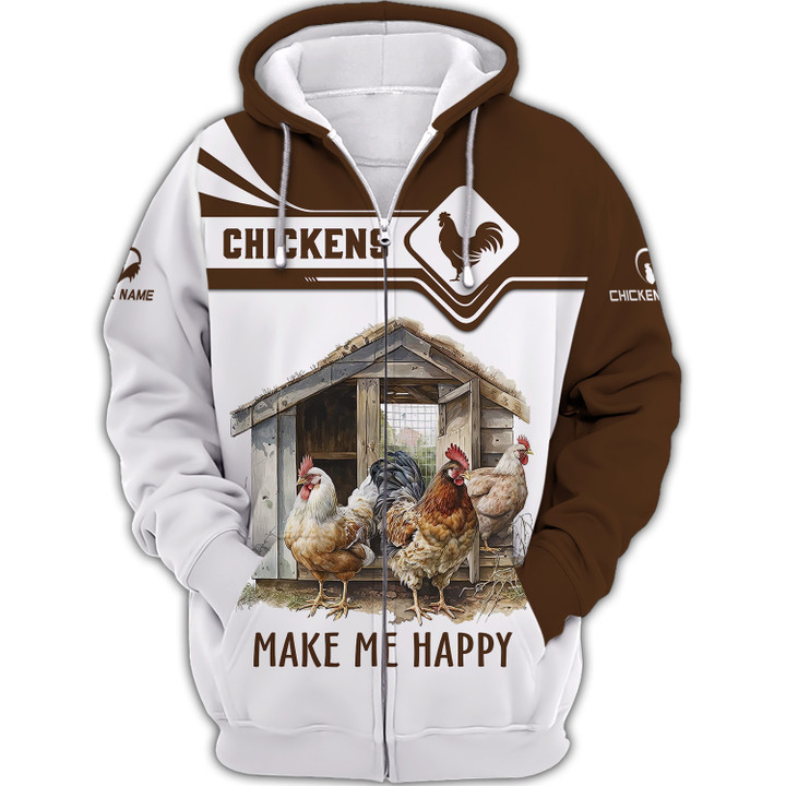 Chicken Make Me Happy Personalized Name 3D Zipper Hoodie