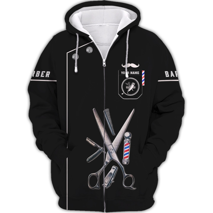 Barber Gear Custom Name 3D Zipper Hoodie Personalized Uniform Gift For Barbers