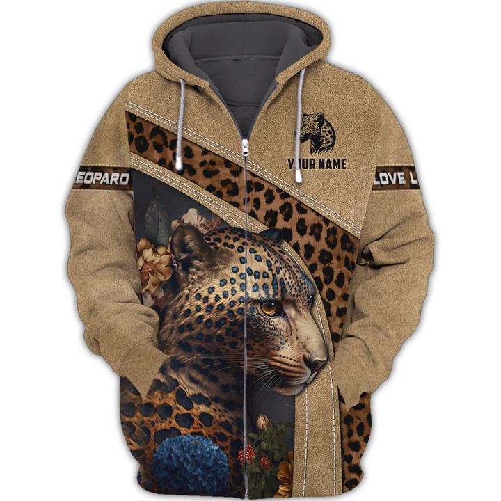 Love Leopard Custom Name 3D Zipper Hoodie Personalized Gift Leopard Lovers