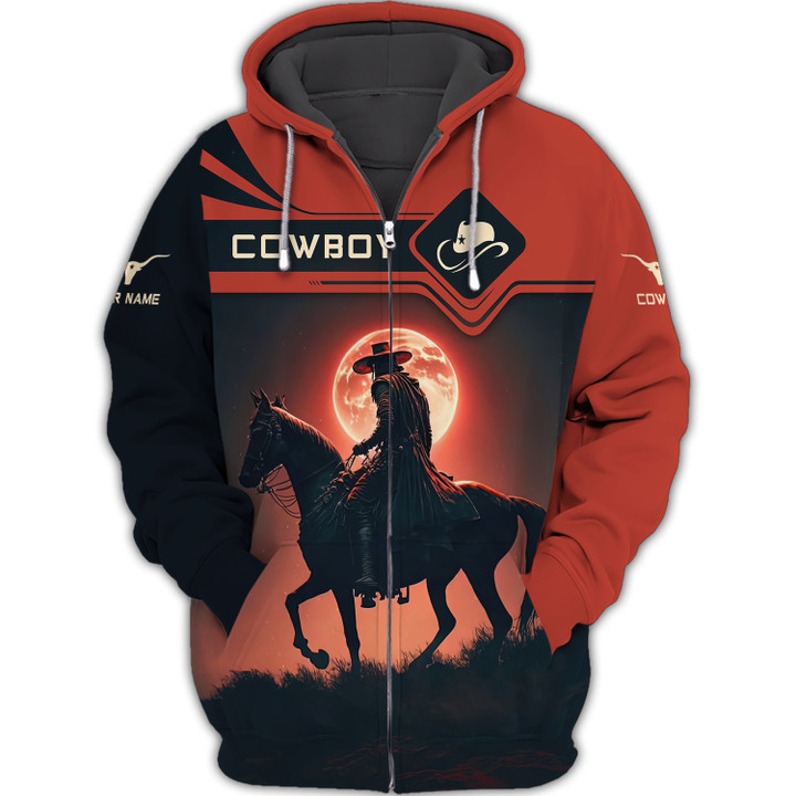 Cowboy With Horse Under The Moonlight Personalized Name 3D Zipper Hoodie