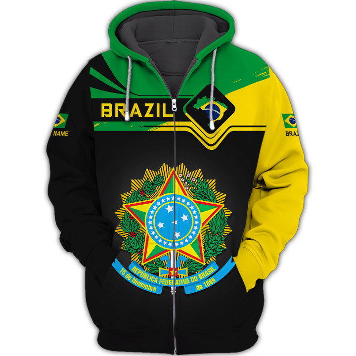 Custom Name 3D Brazil Zipper Hoodie Personalized Gift For Brazil Lovers
